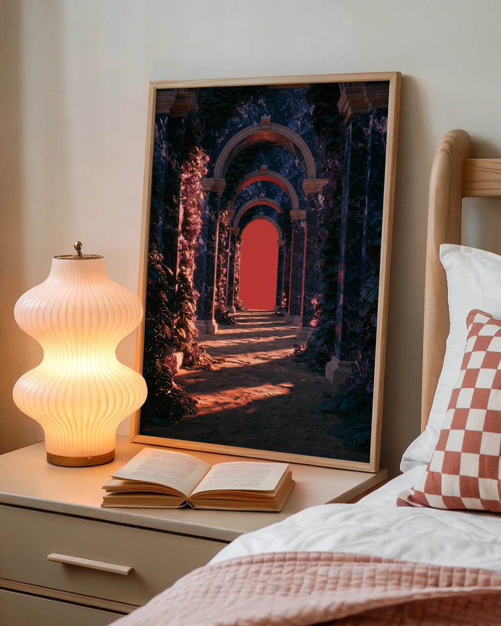 Blue Marble Arches Red Glow Poster, Classical Architecture Art Print