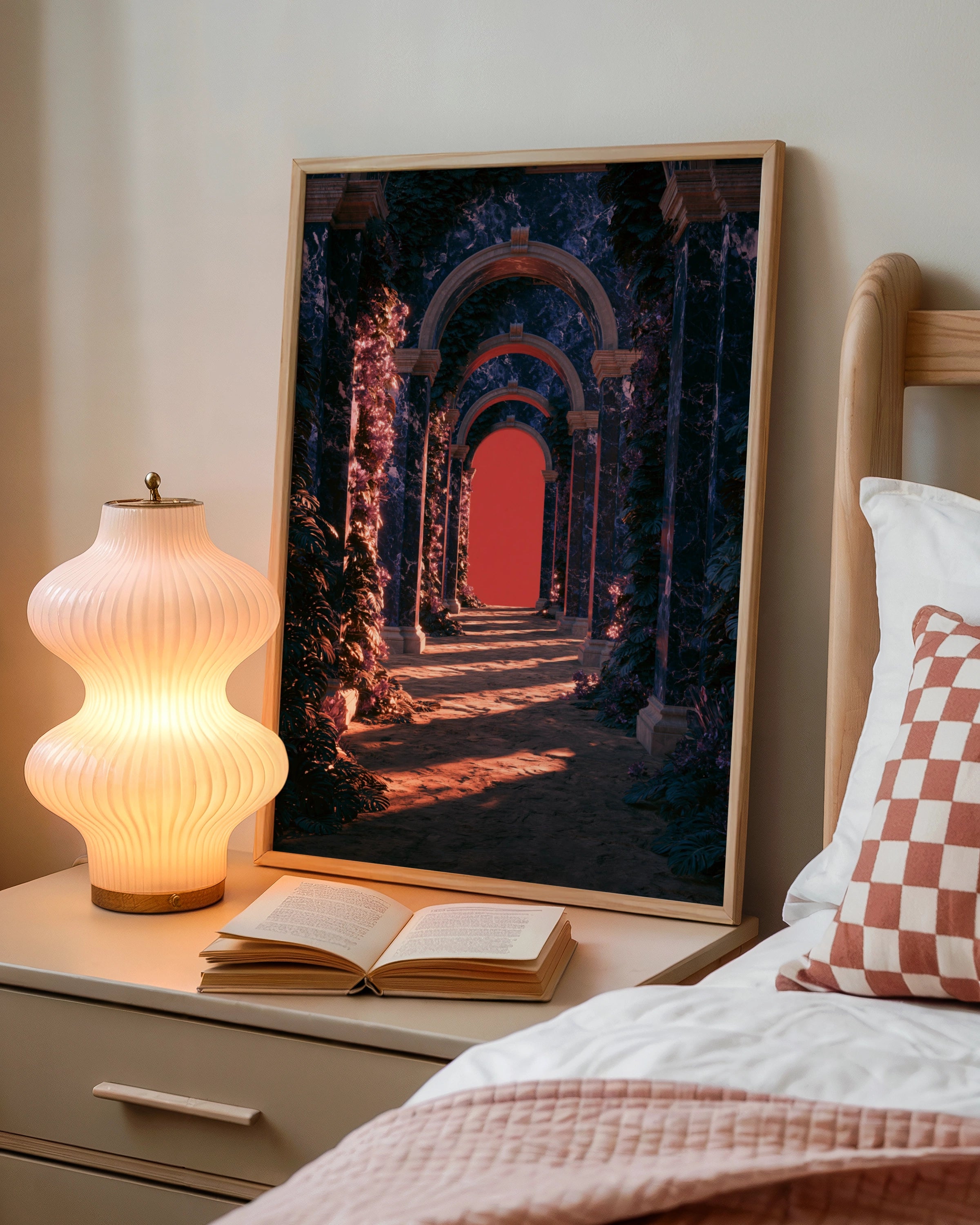 Blue Marble Arches Red Glow Poster, Classical Architecture Art Print