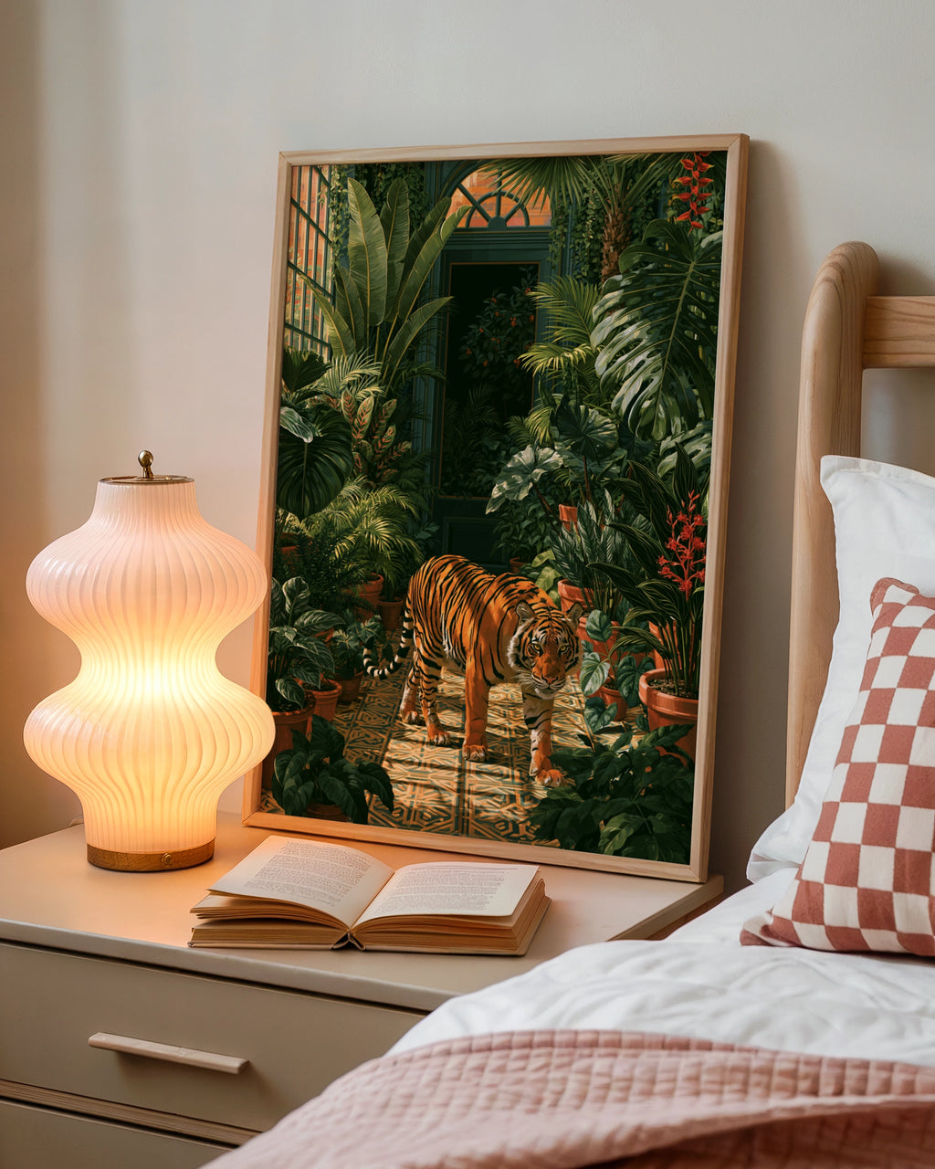 Tiger in Greenhouse Poster, Tropical Botanical Wall Art, Jungle Print