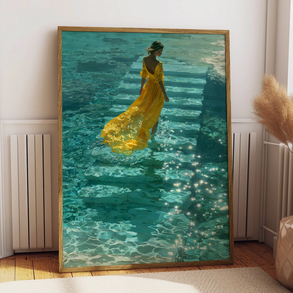 Woman Yellow Dress Water Steps Poster, Teal Ocean Wall Art, Figurative Print