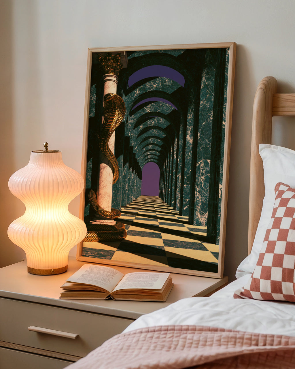 Golden Cobra Marble Hallway Poster, Surreal Architecture Art Print, Green Purple