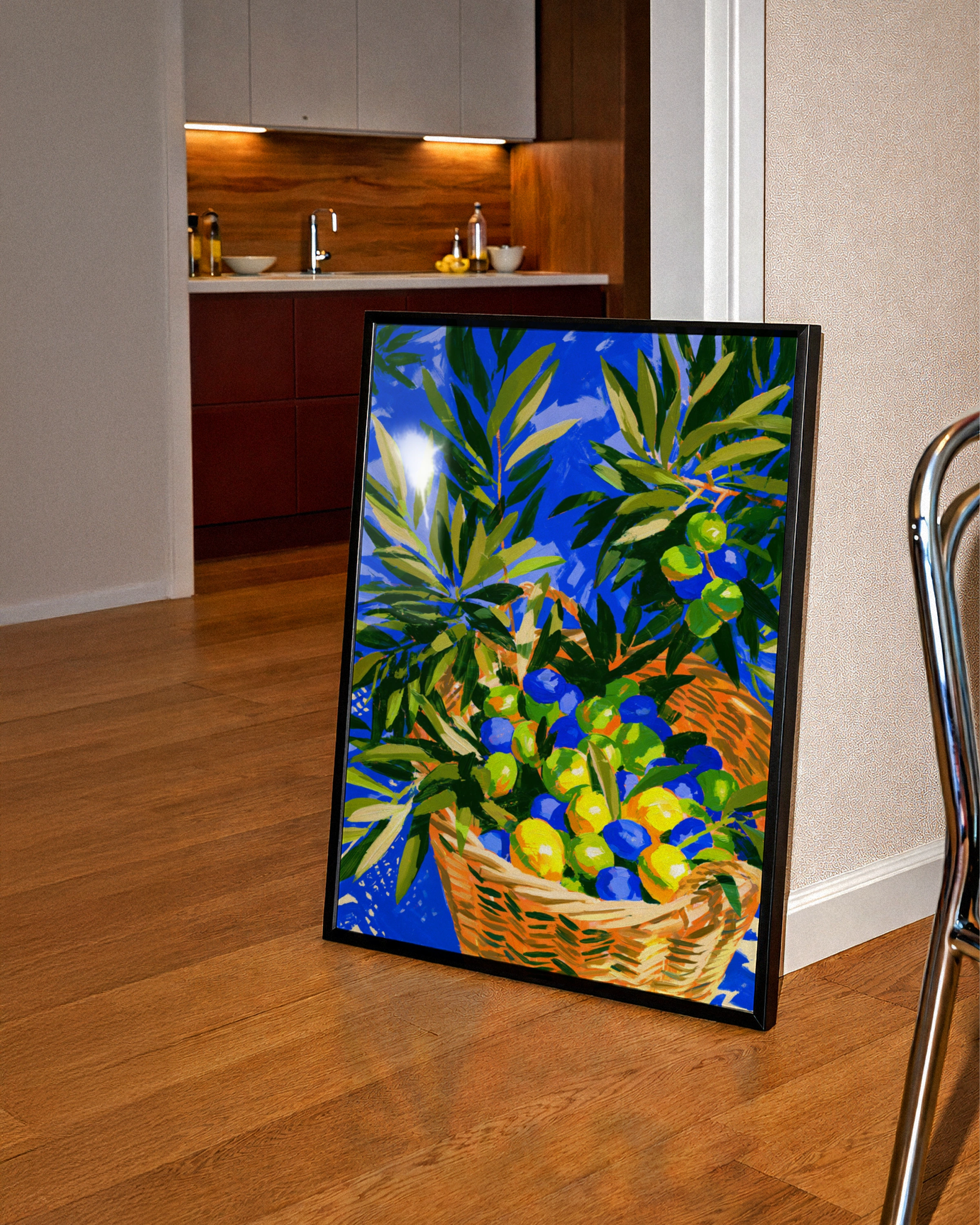 Olive Branch Basket Poster, Bold Blue Mediterranean Wall Art Print