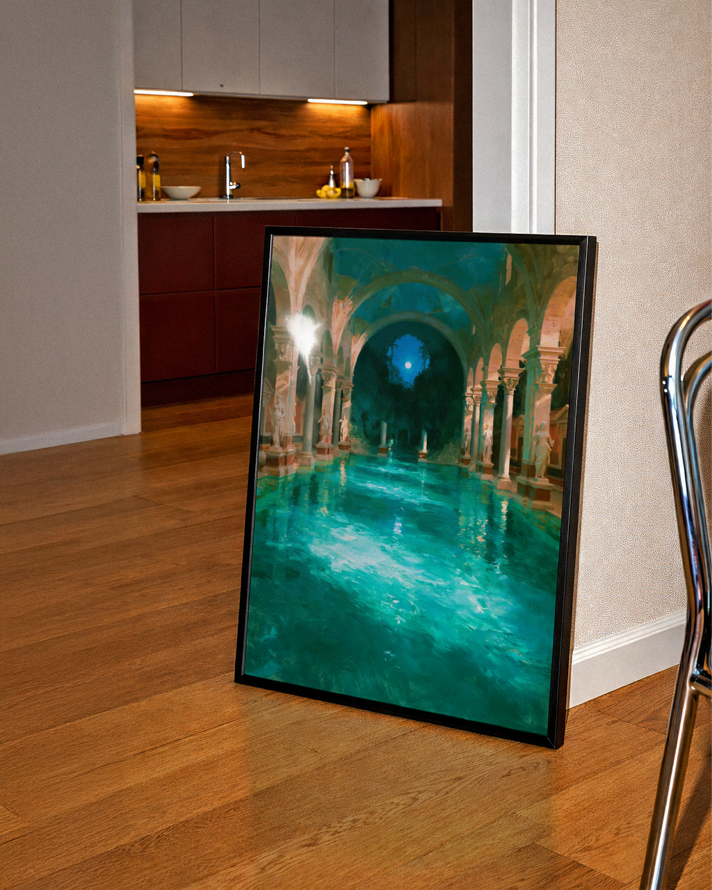 Roman Bathhouse Painting Poster, Ancient Architecture, Teal Moonlit Pool Art