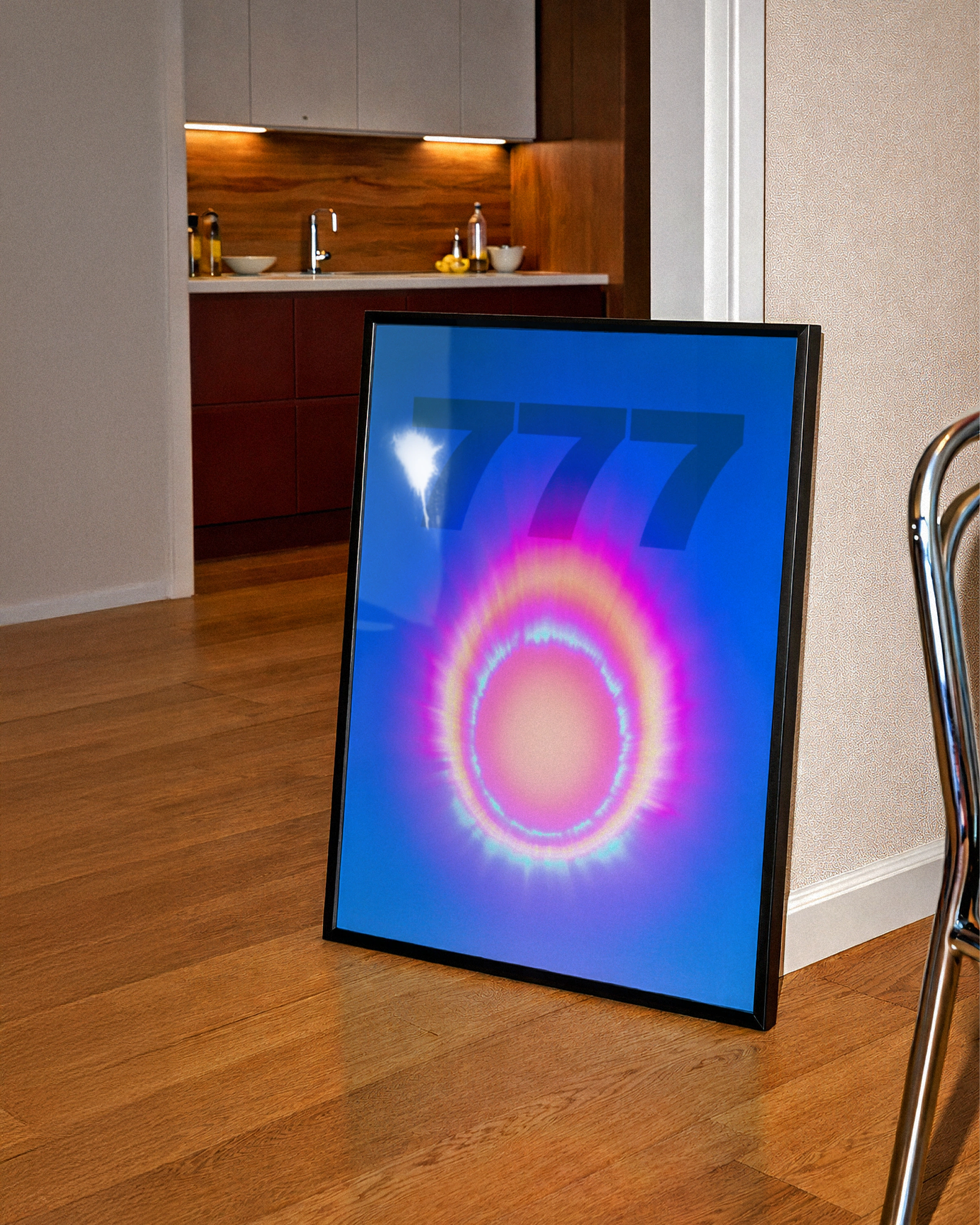 777 Angel Number Poster, Neon Aura Ring Print, Spiritual Blue Wall Art