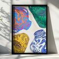 Blue Ceramic Vase Pattern Poster, Colourful Folk Art Print, Botanical Wall Art
