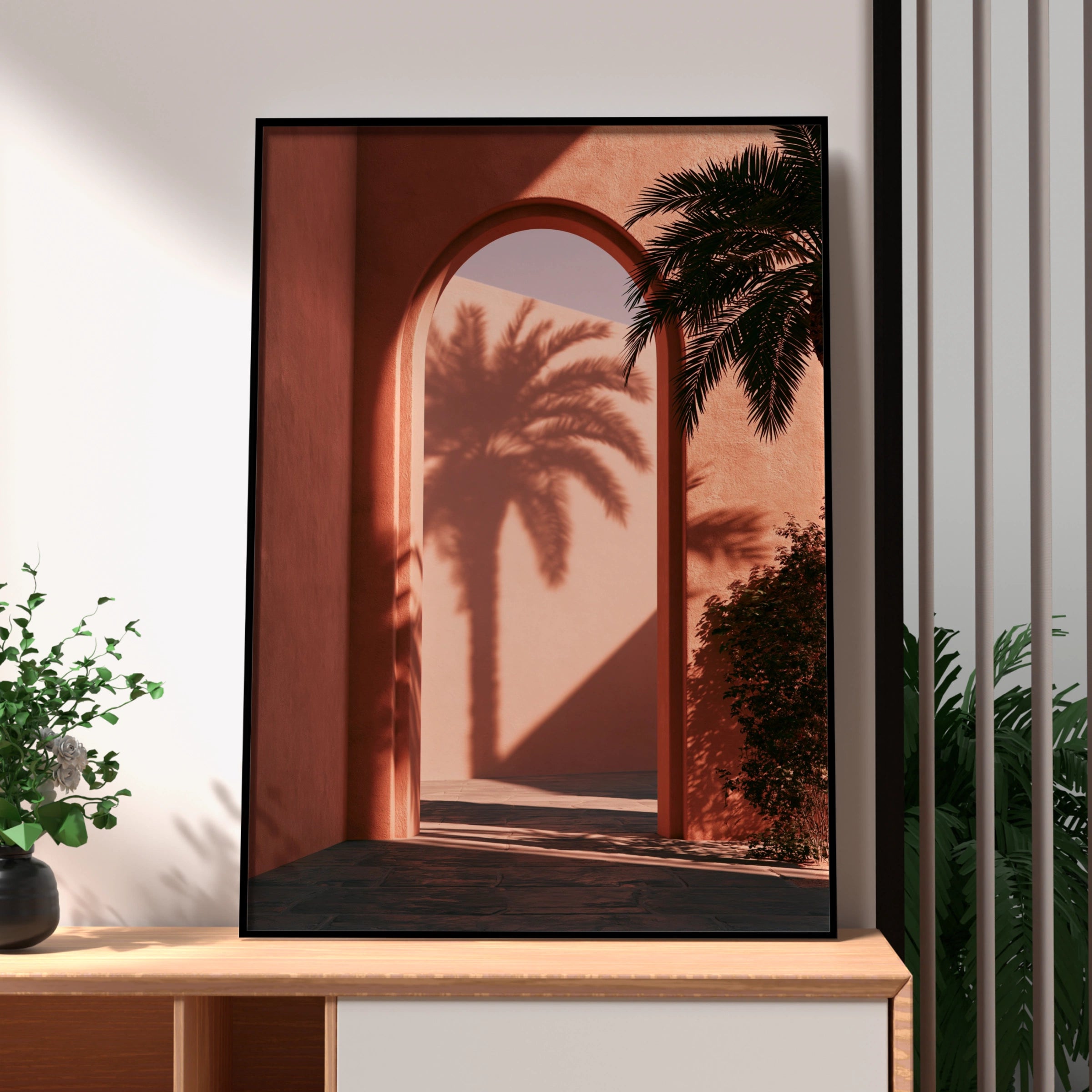 Terracotta Arch Palm Shadow Wall Art Poster, Mediterranean Architecture Print