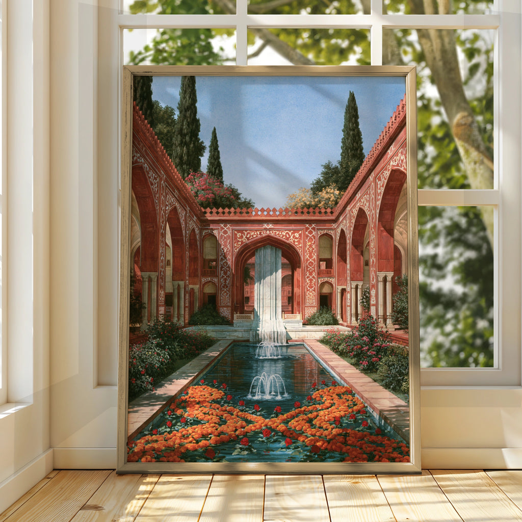 Indian Palace Courtyard Poster, Mughal Garden Art, Red Sandstone Architecture Print