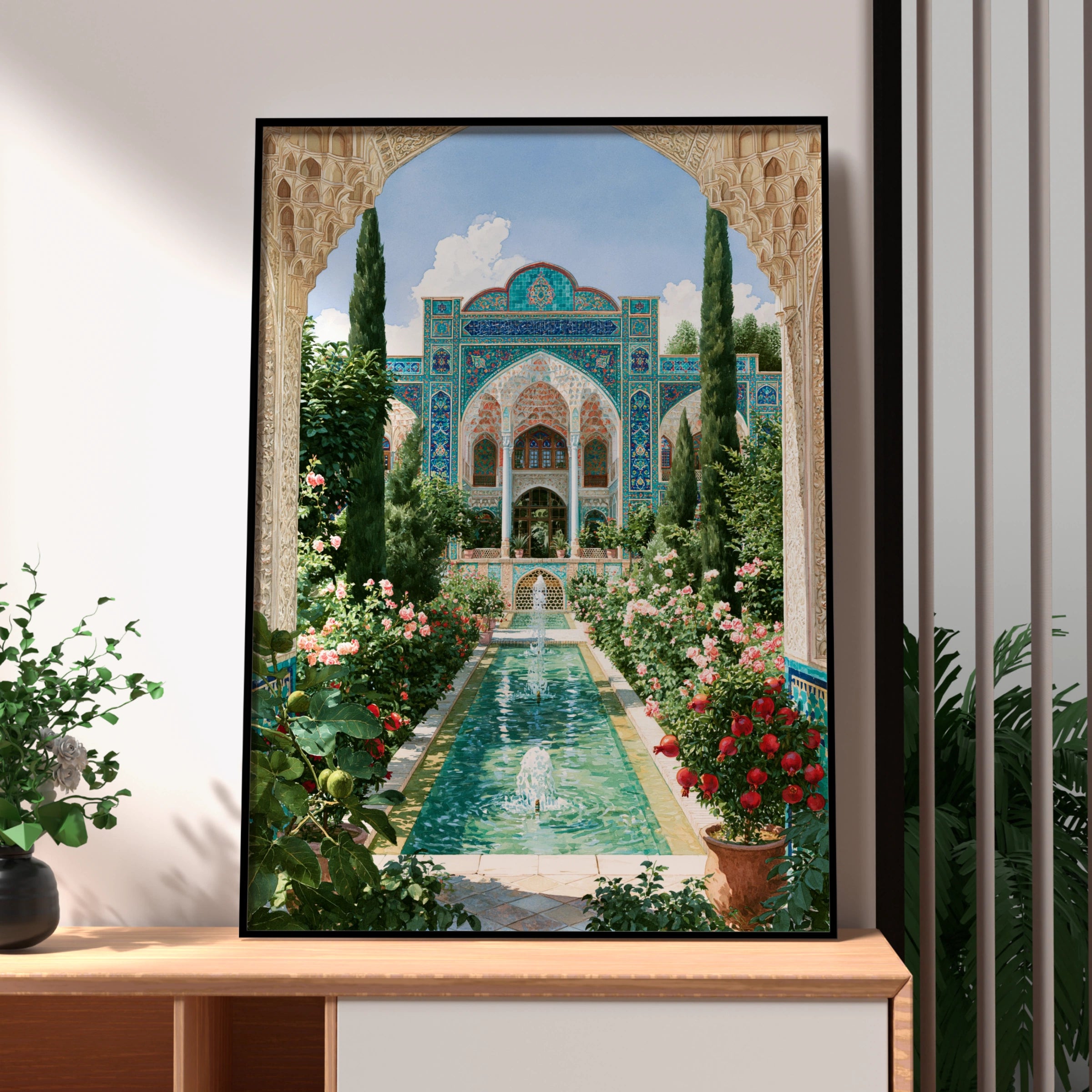 Persian Fountain Courtyard Poster, Islamic Architecture, Mosaic Garden Art Print