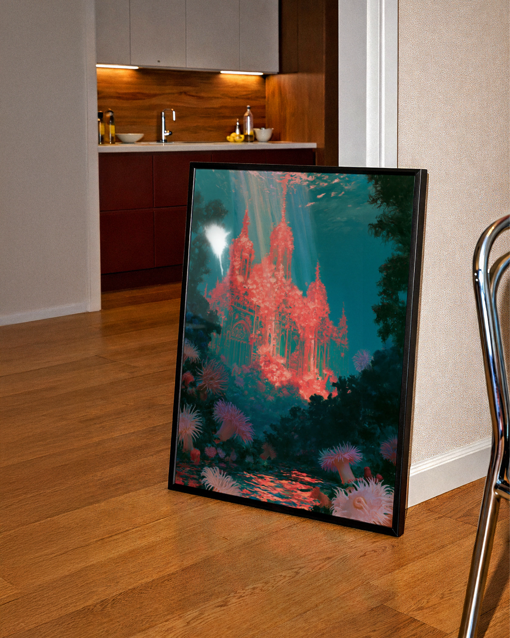 Underwater Coral City Cathedral Poster, Fantasy Ocean Wall Art, Teal Coral Print