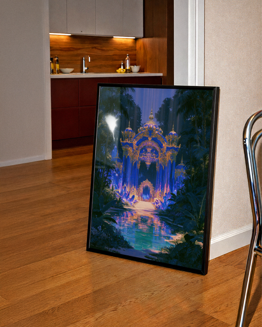 Sapphire Palace Fantasy Art Poster, Crystal Palace, Blue Gold Jungle Print