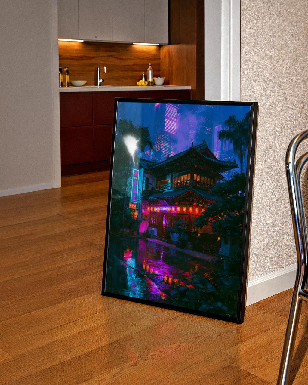 Japan Cyberpunk Night City Poster, Neon Tokyo Street Art Print, Futuristic