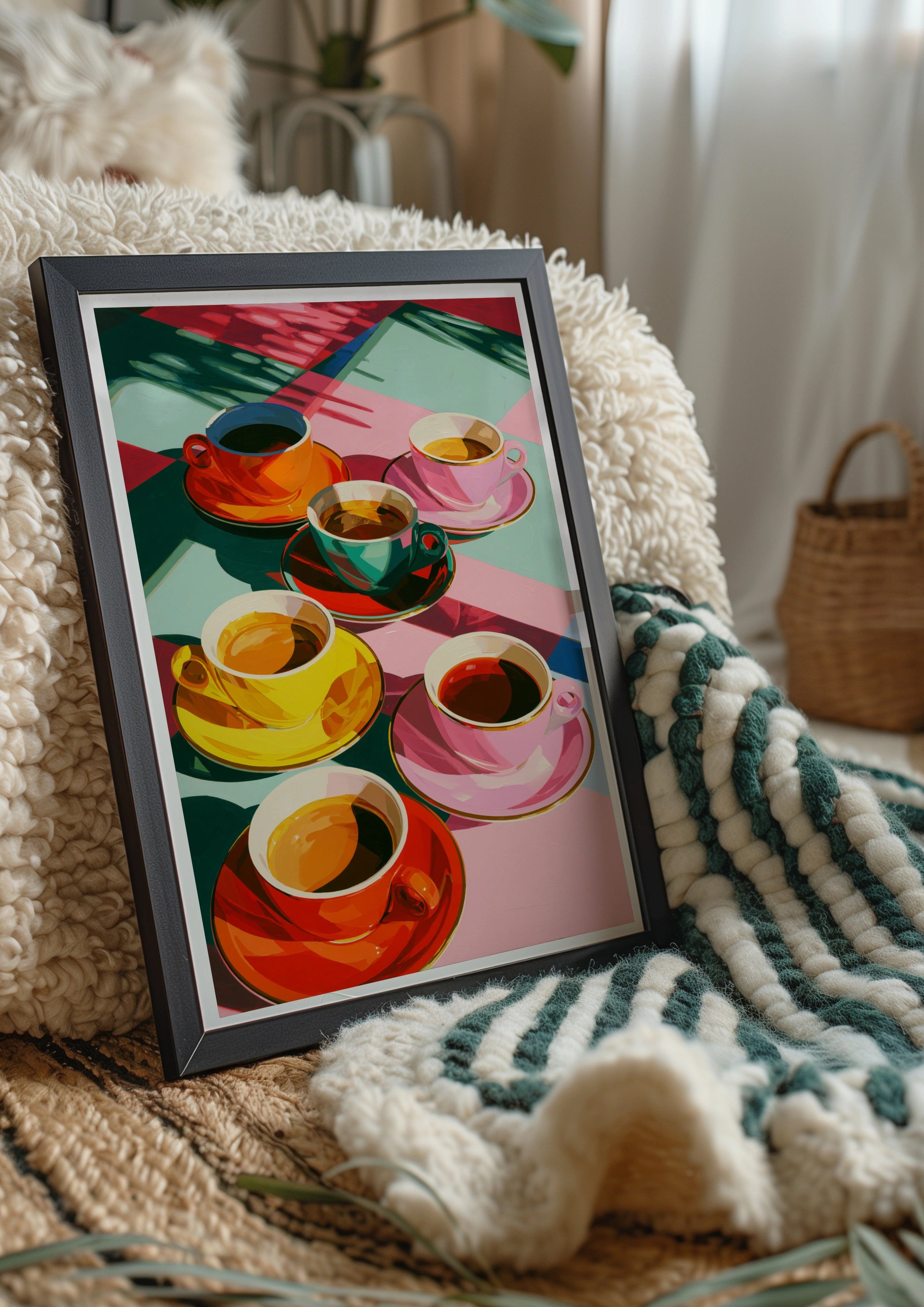 Colourful Coffee Cups Poster, Bold Pop Art Print, Kitchen Wall Art
