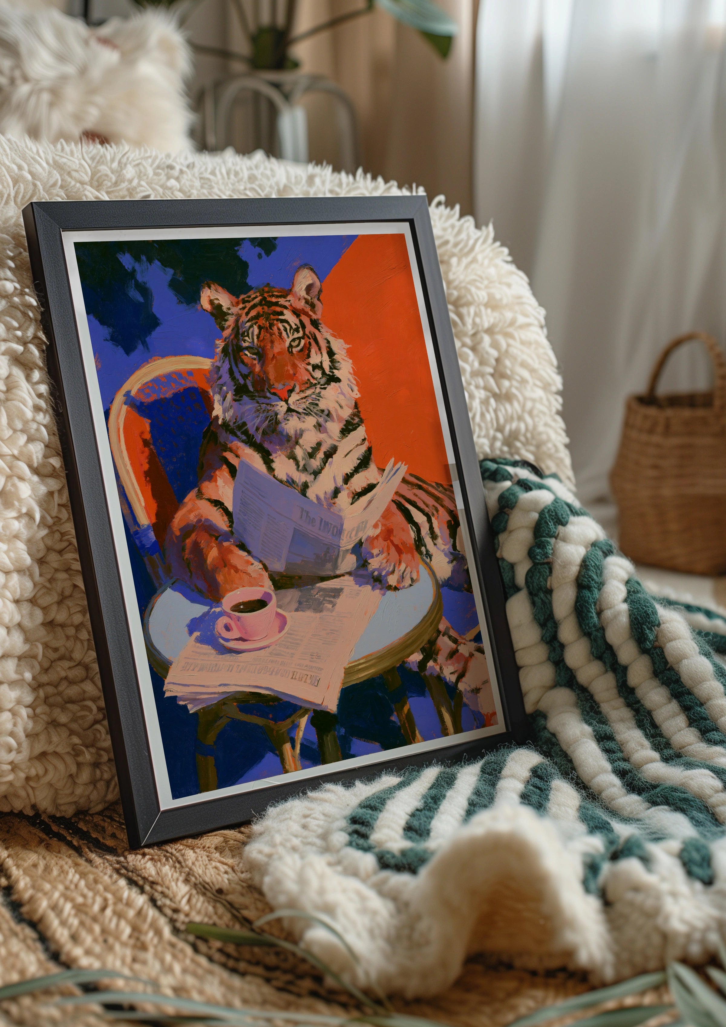 Tiger Reading Newspaper Coffee Table Poster, Bold Colourful Animal Art Print
