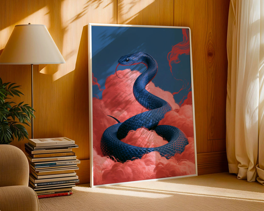 Blue Snake Pink Clouds Poster, Surreal Serpent Wall Art, Bold Colour Print