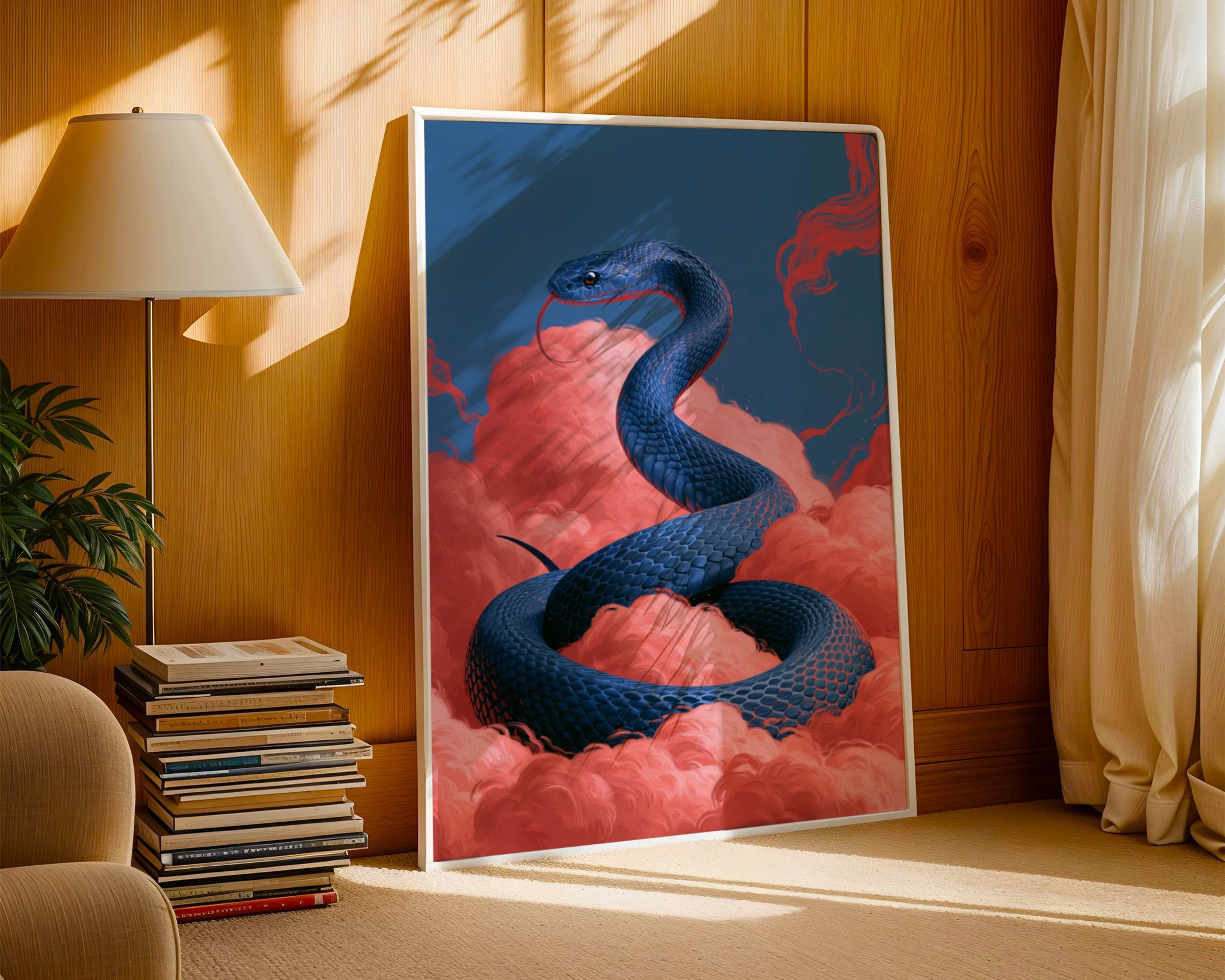 Blue Snake Pink Clouds Poster, Surreal Serpent Wall Art, Bold Colour Print