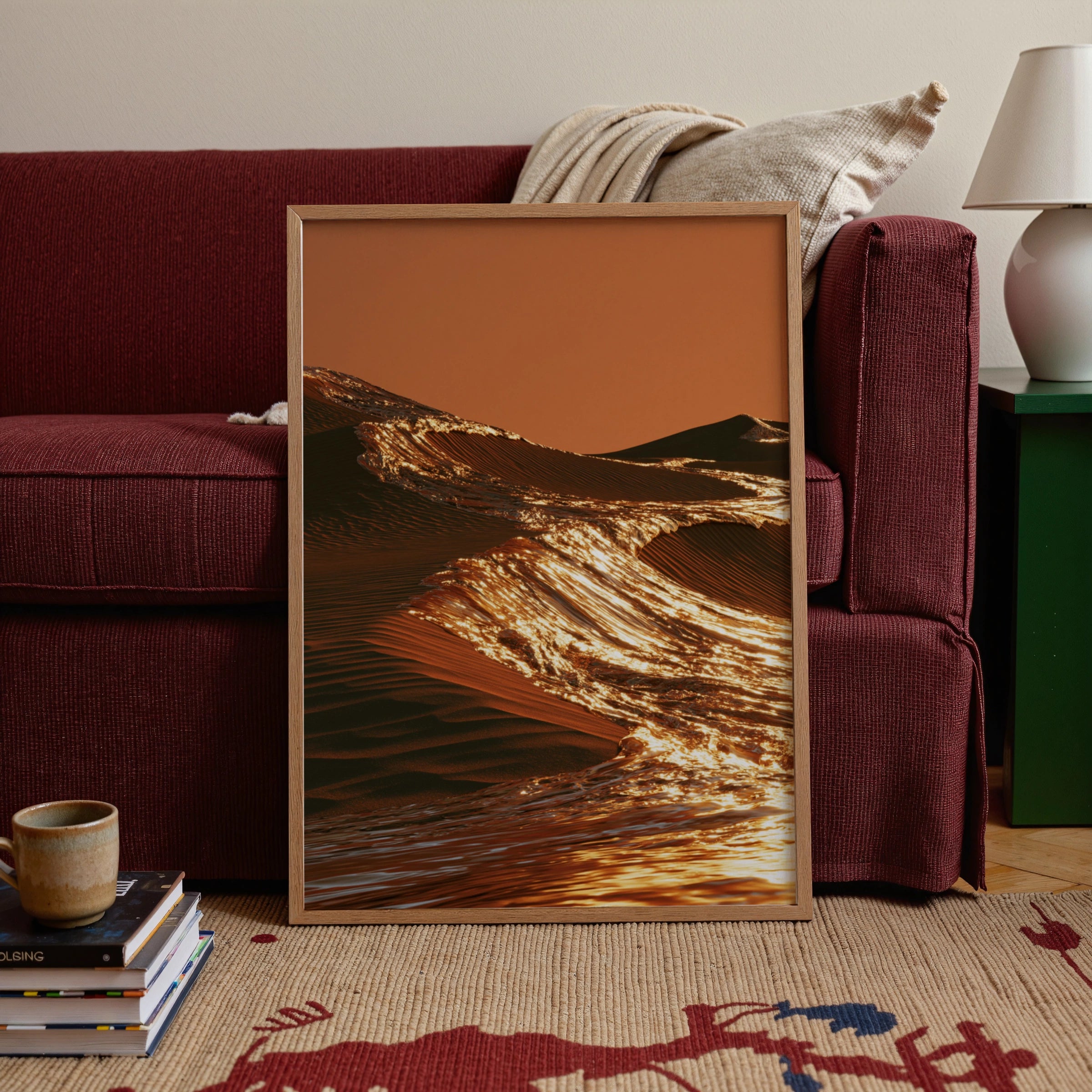 Sand Dunes Golden Water Surreal Desert Wave Poster, Abstract Art Print