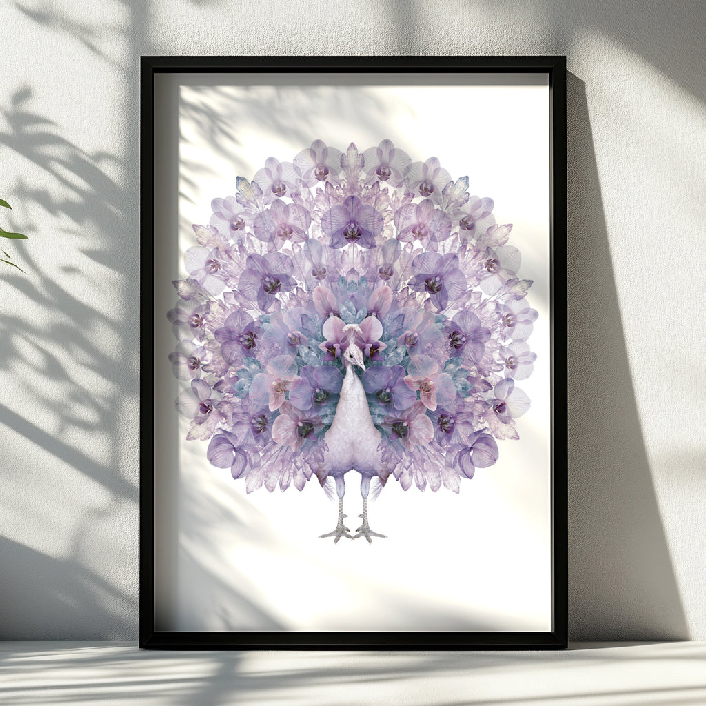 Purple Peacock Floral Poster, Orchid Crystal Fan Art Print, Botanical Bird Wall Art