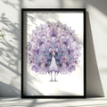 Purple Peacock Floral Poster, Orchid Crystal Fan Art Print, Botanical Bird Wall Art