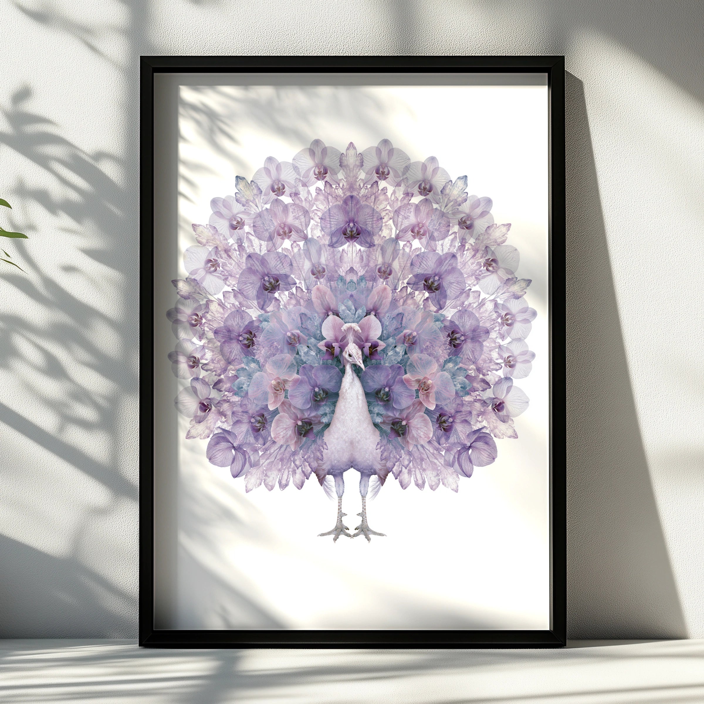 Purple Peacock Floral Poster, Orchid Crystal Fan Art Print, Botanical Bird Wall Art