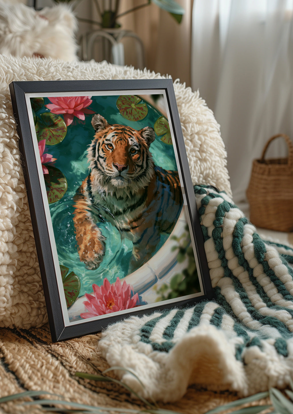 Tiger in Bath with Lotus Flowers Poster, Wild Cat Water Art Print