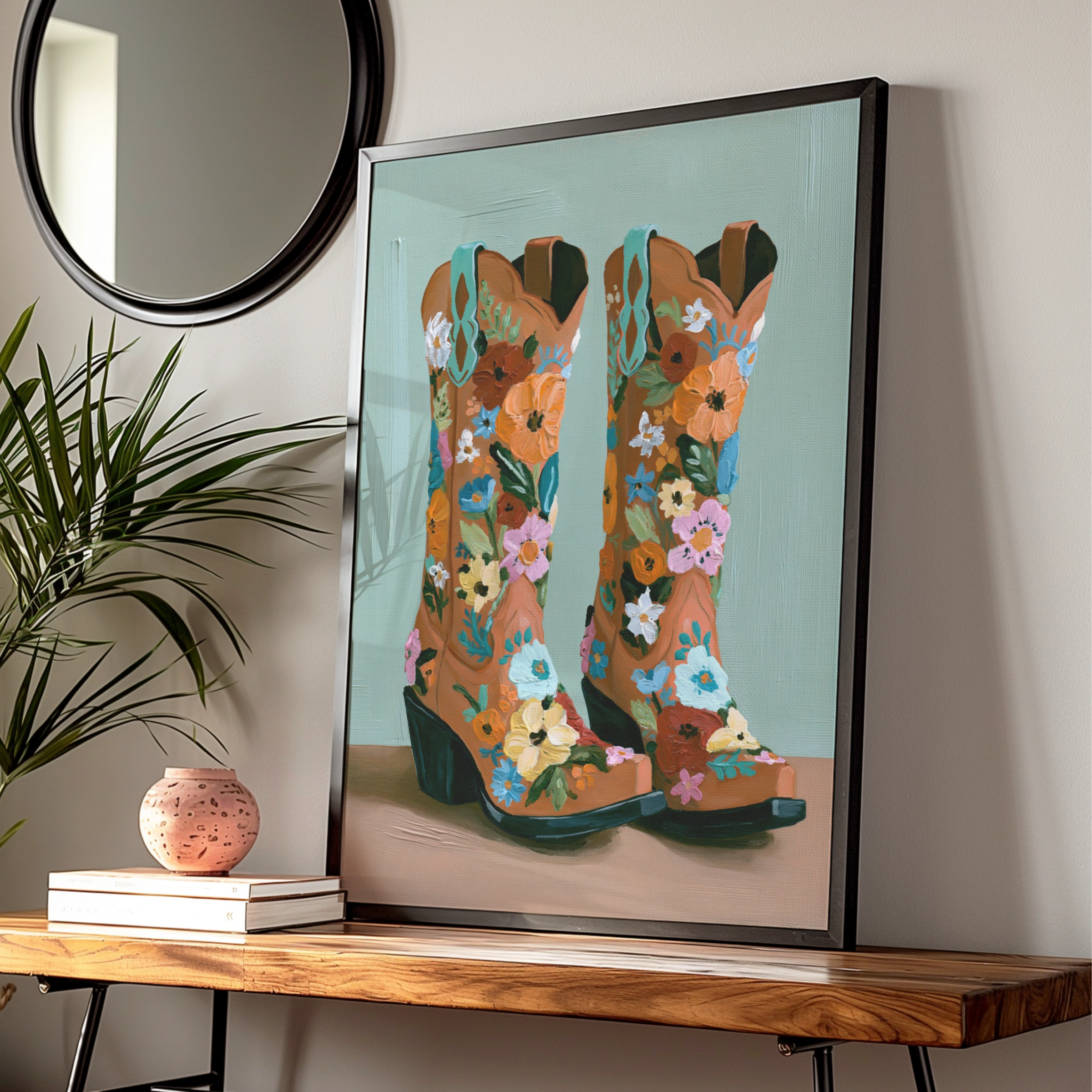 Floral Cowboy Boots Poster, Western Wall Art, Colourful Oil Painting Style Print