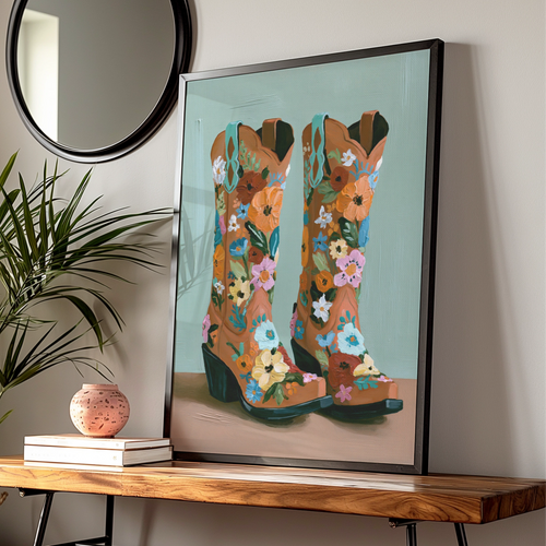 Floral Cowboy Boots Poster, Western Wall Art, Colourful Oil Painting Style Print