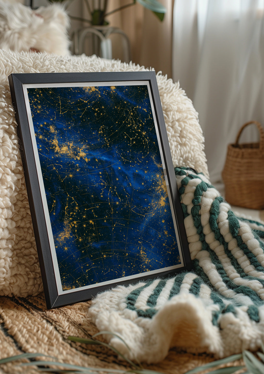 Star Galaxy Constellation Map Poster, Navy Blue Gold Night Sky Wall Art Print
