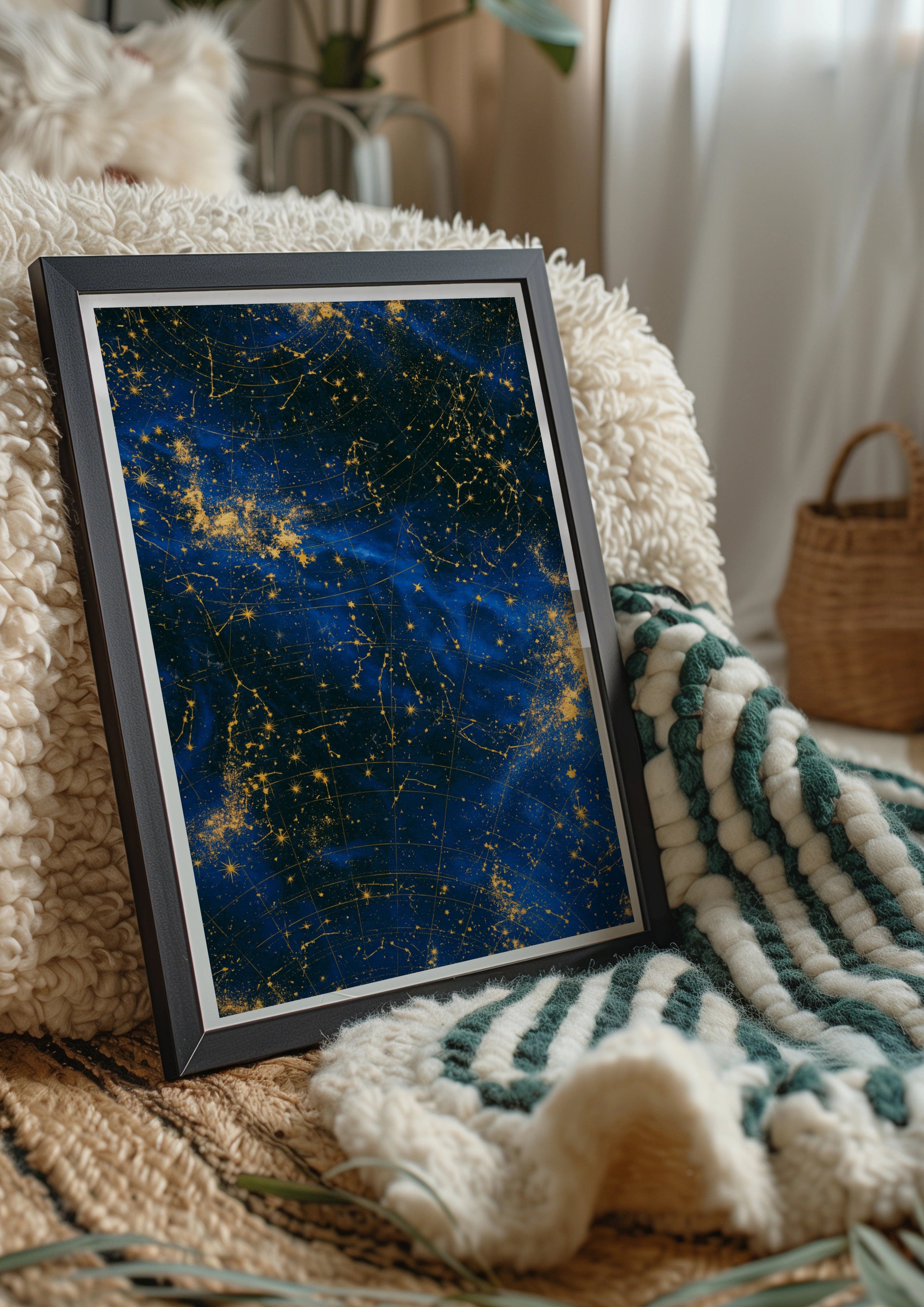 Star Galaxy Constellation Map Poster, Navy Blue Gold Night Sky Wall Art Print