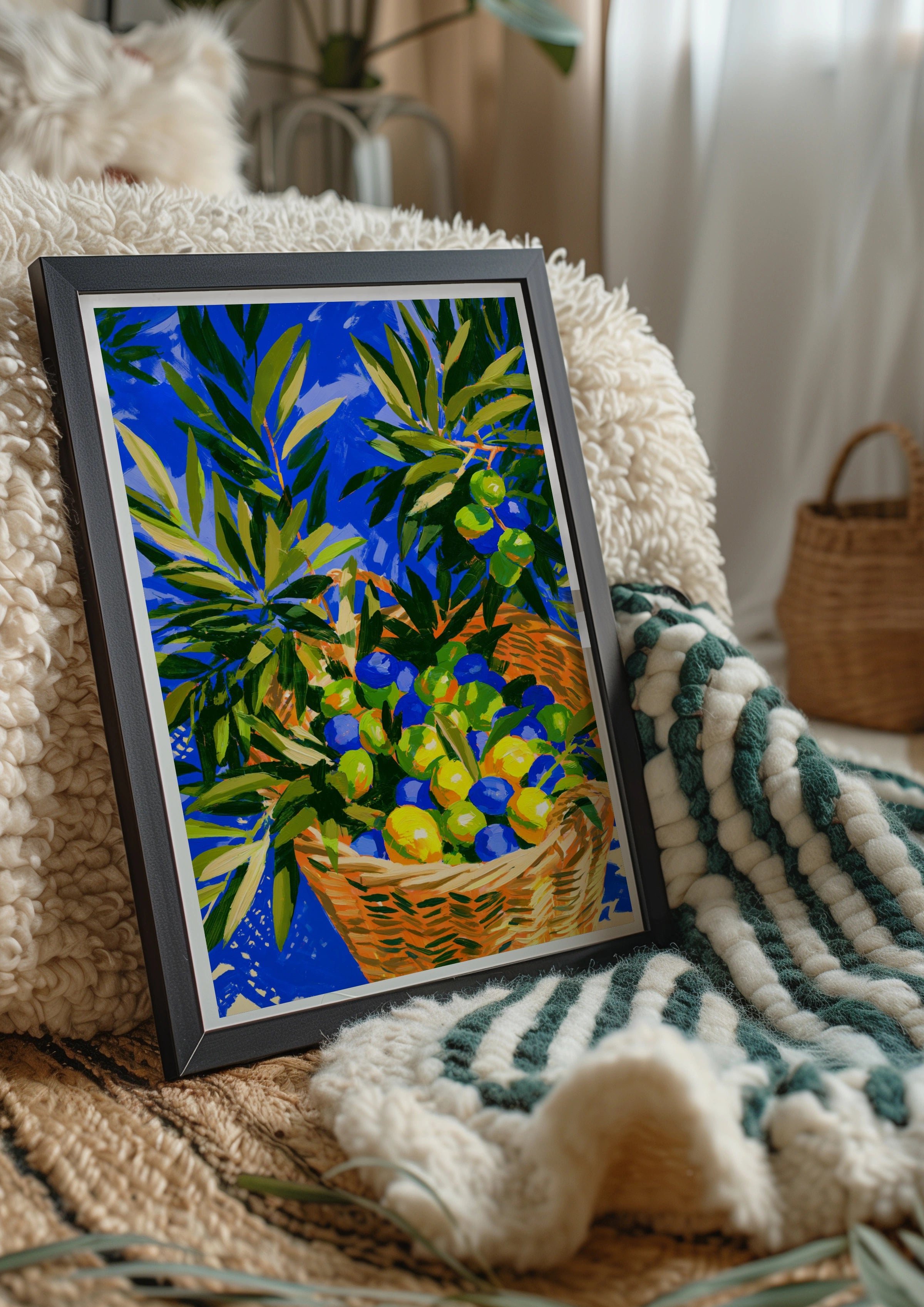 Olive Branch Basket Poster, Bold Blue Mediterranean Wall Art Print