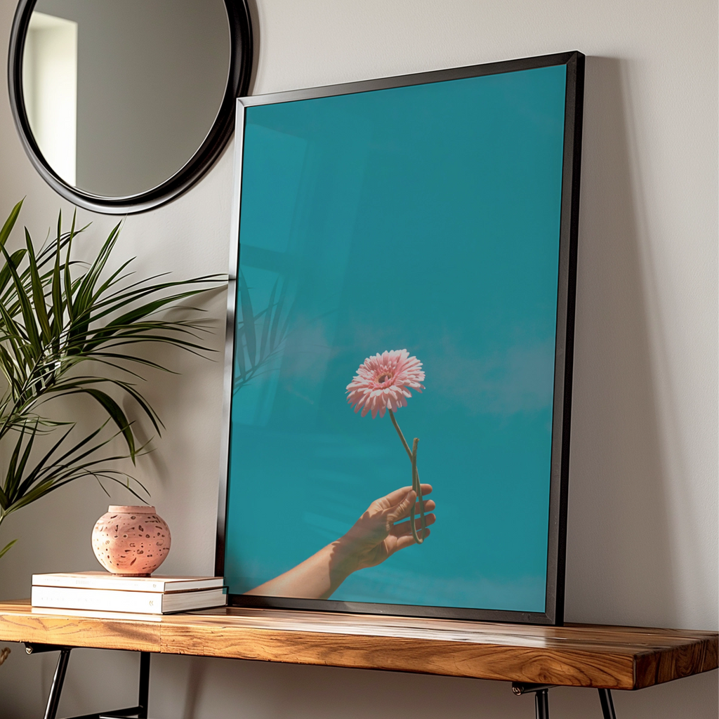 Pink Flower Hand Sky Poster, Gerbera Daisy Print, Teal Blue Botanical Wall Art