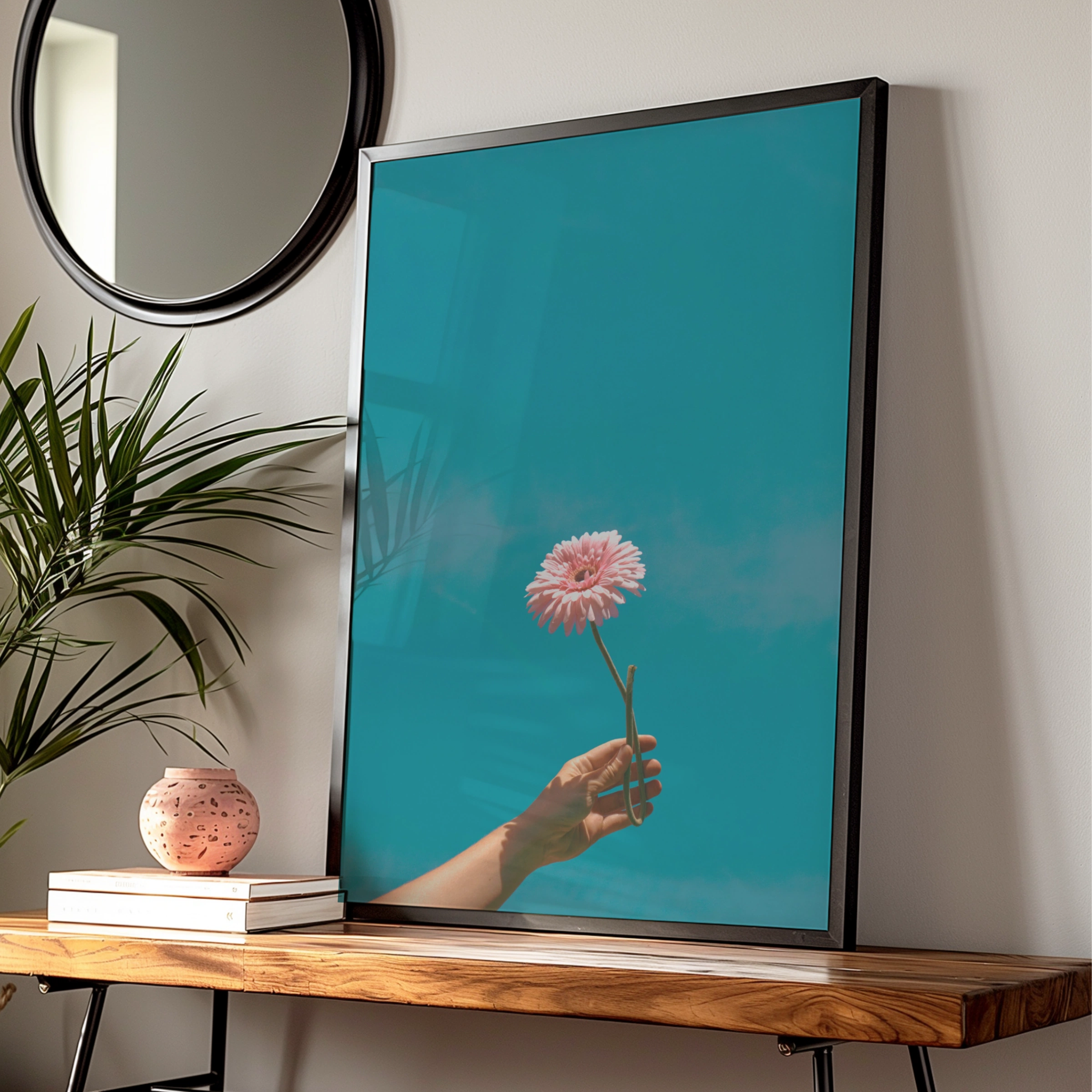 Pink Flower Hand Sky Poster, Gerbera Daisy Print, Teal Blue Botanical Wall Art
