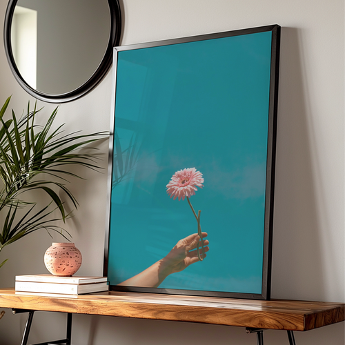 Pink Flower Hand Sky Poster, Gerbera Daisy Print, Teal Blue Botanical Wall Art