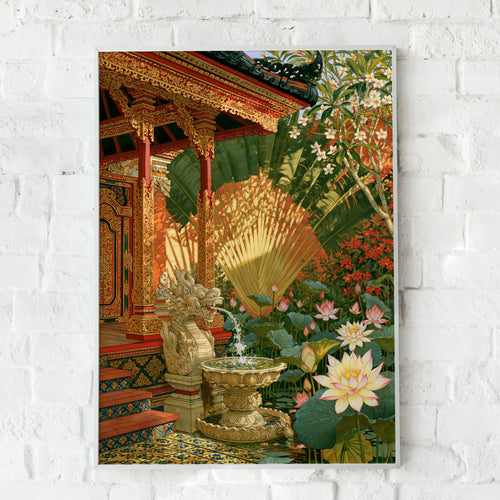 Balinese Temple Courtyard Poster, Garuda Fountain Lotus Garden, Tropical Wall Art
