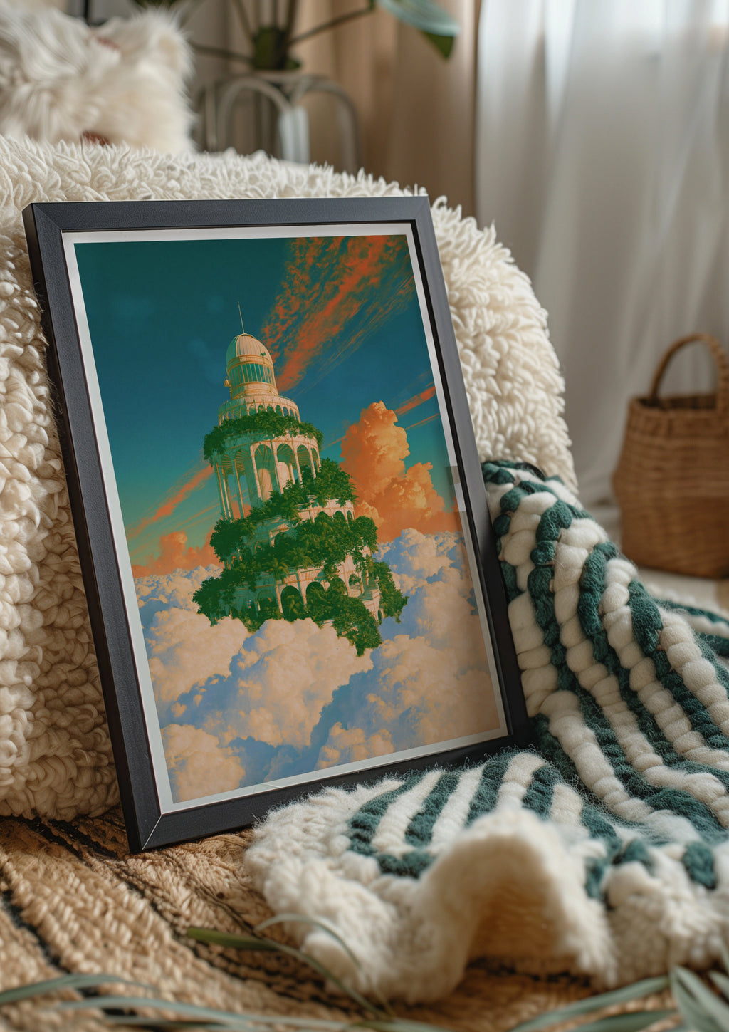 Sky Tower Fantasy Art Poster, Dreamy Cloud Architecture, Surreal Teal Orange Print