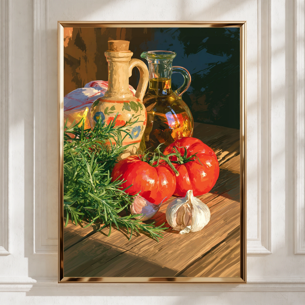 Tomatoes Garlic Olive Oil Rosemary Still Life Poster, Mediterranean Kitchen Art