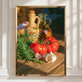 Tomatoes Garlic Olive Oil Rosemary Still Life Poster, Mediterranean Kitchen Art