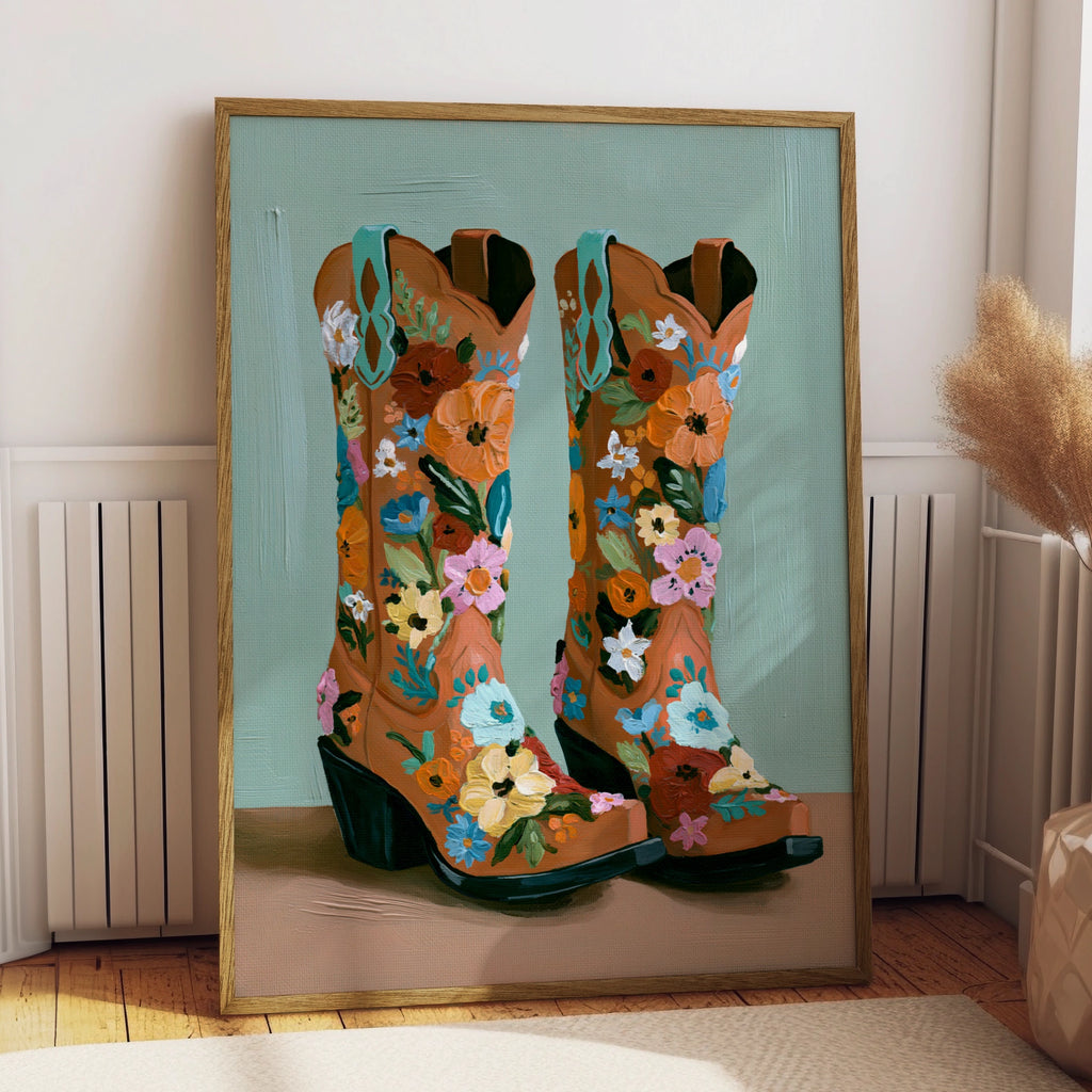 Floral Cowboy Boots Poster, Western Wall Art, Colourful Oil Painting Style Print
