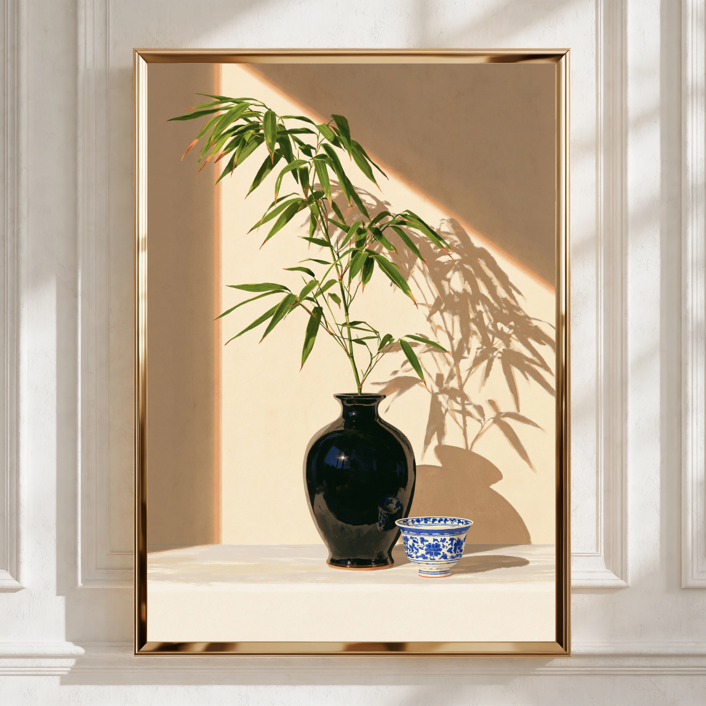 Black Porcelain Vase Bamboo Still Life Poster, Asian Botanical Wall Art Print