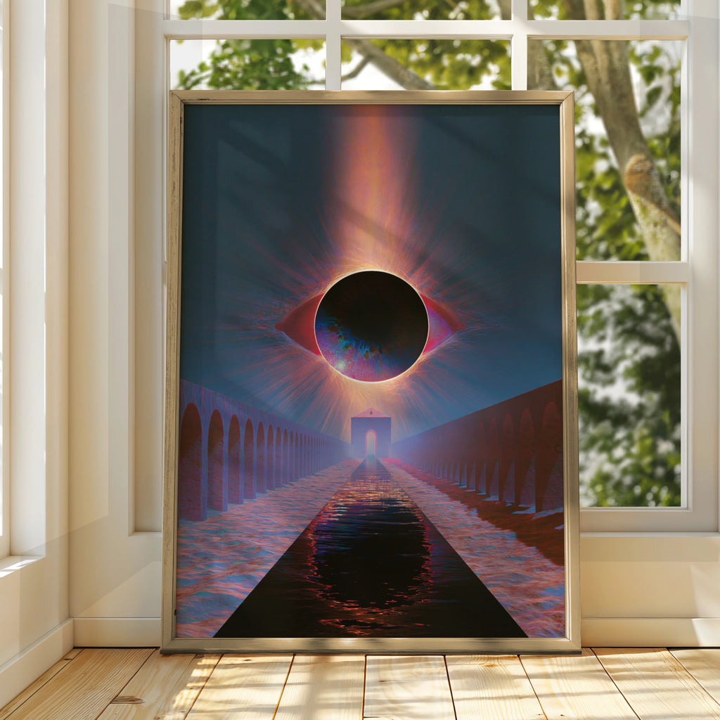 Eclipse Eye Arches River Abstract Poster, Surreal Dark Sky Art Print