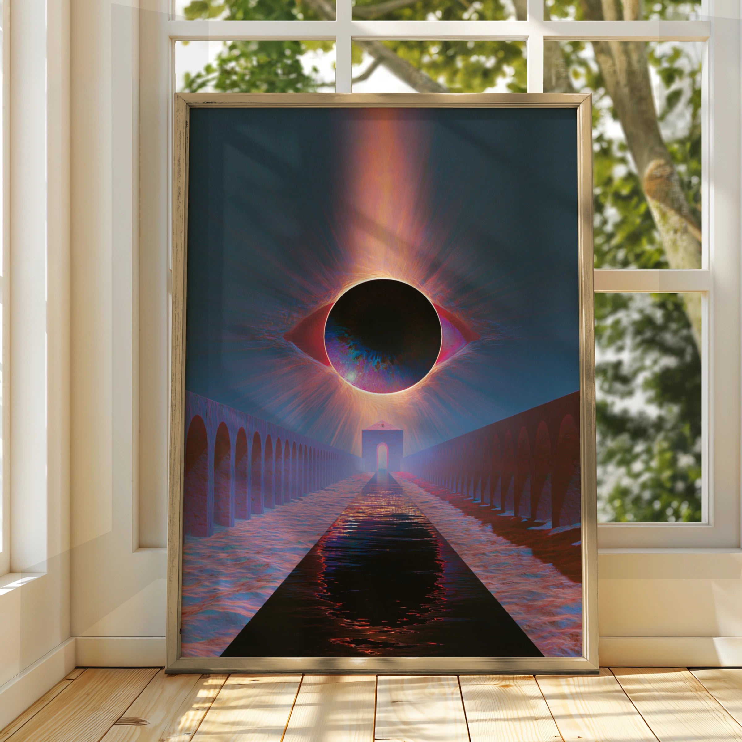 Eclipse Eye Arches River Abstract Poster, Surreal Dark Sky Art Print