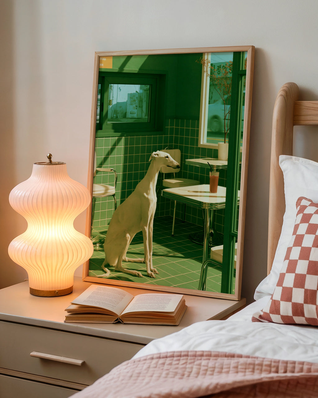 White Greyhound in Green Diner Poster, Surreal Dog Art Print