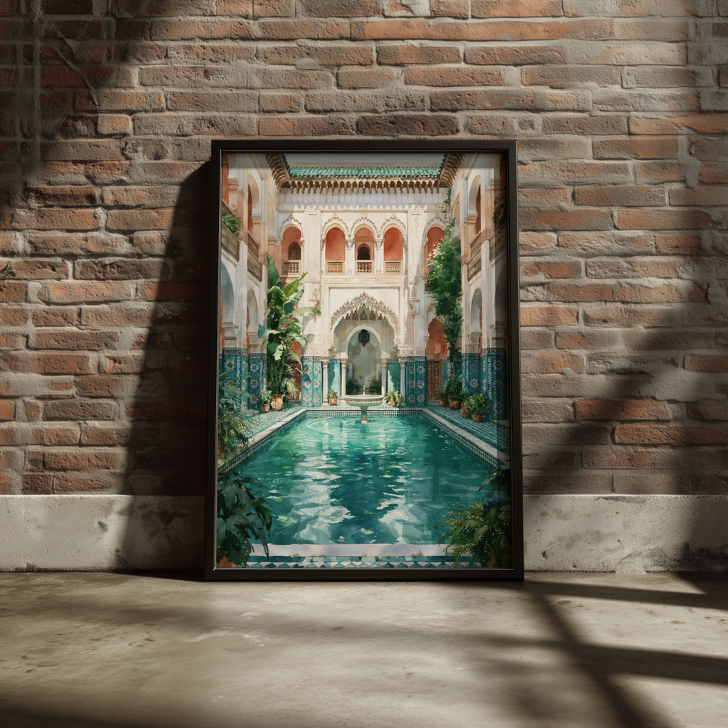 Moroccan Riad Courtyard Poster, Turquoise Pool Fountain, Ethnic Architecture Print