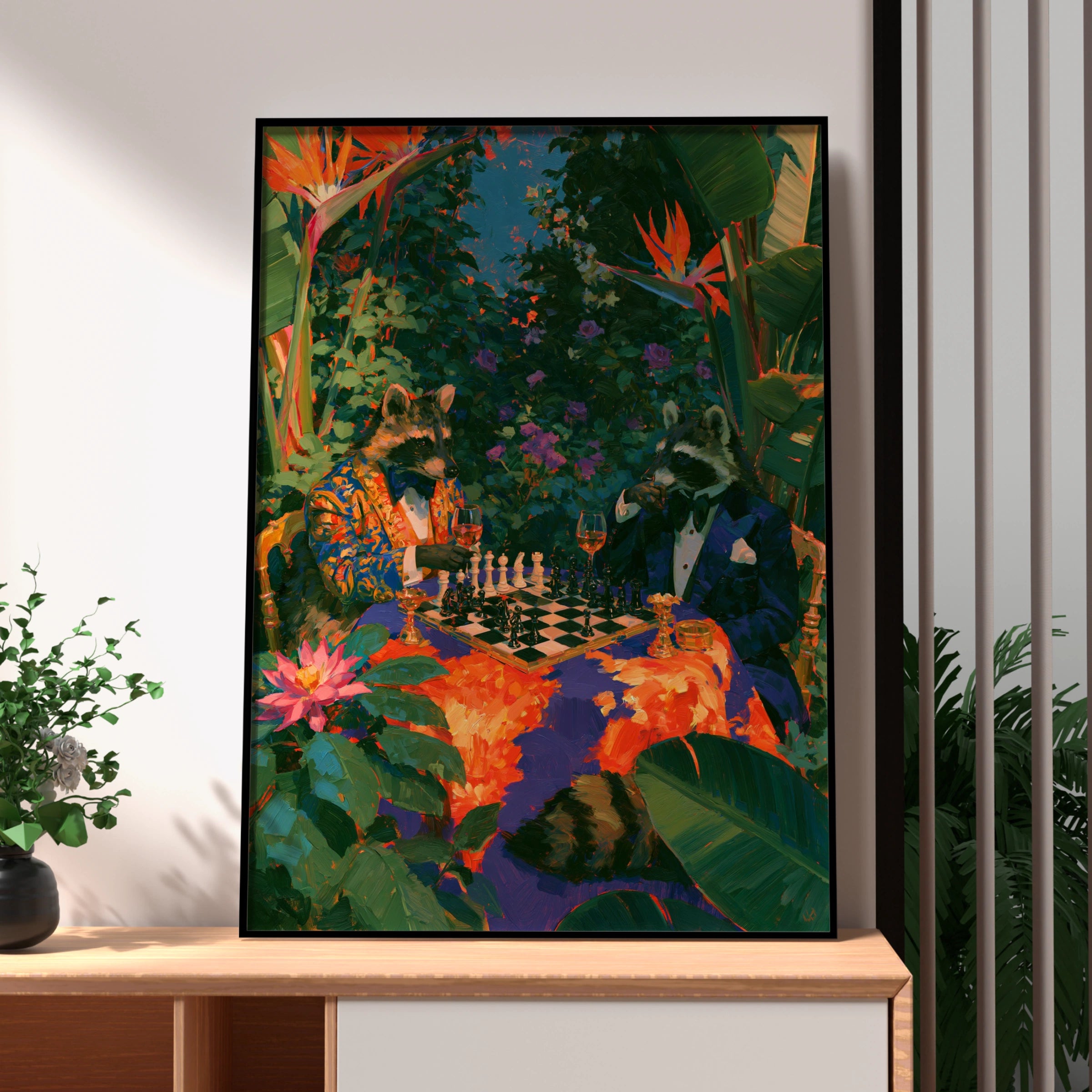 Raccoons Playing Chess, Tropical Garden Wall Art, Maximalist Animal Poster