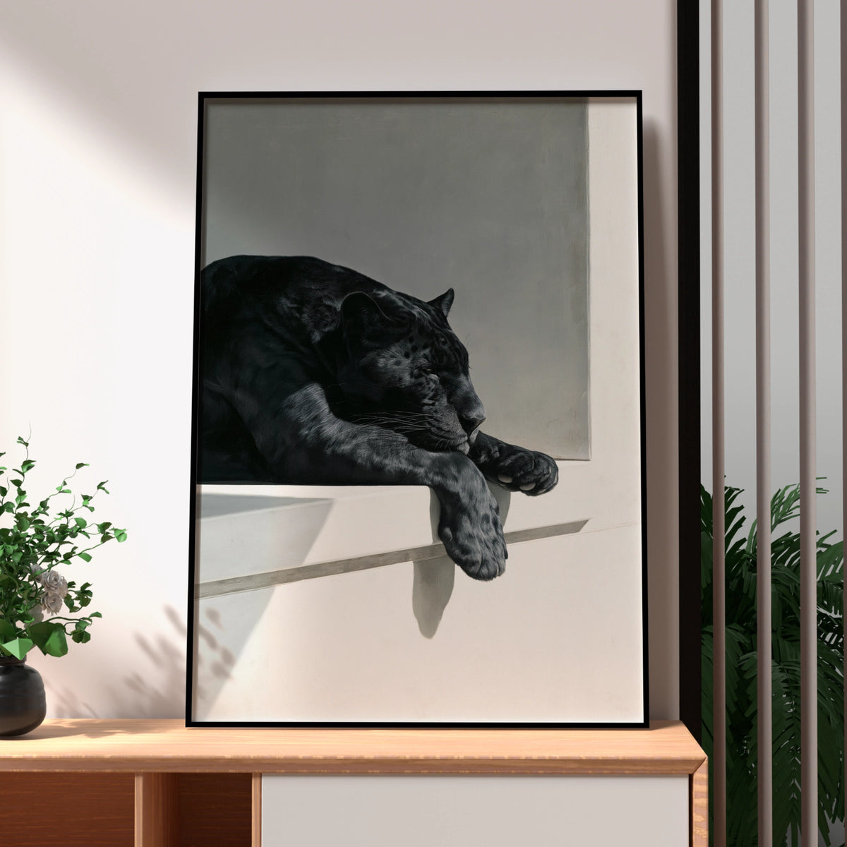 Sleeping Black Panther Poster, Monochrome Wildlife Wall Art, Minimalist Print