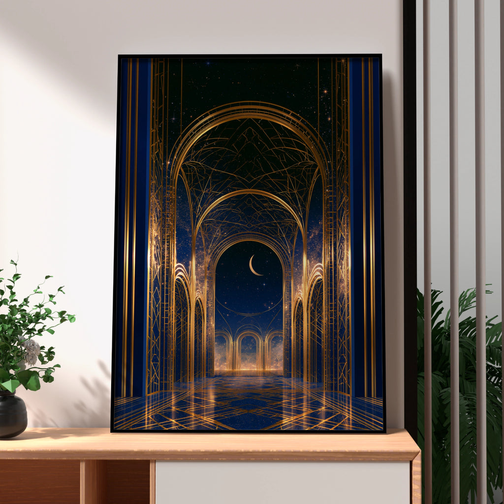Temple Archway Night Sky Poster, Blue Gold Celestial Architecture Print, Art Deco