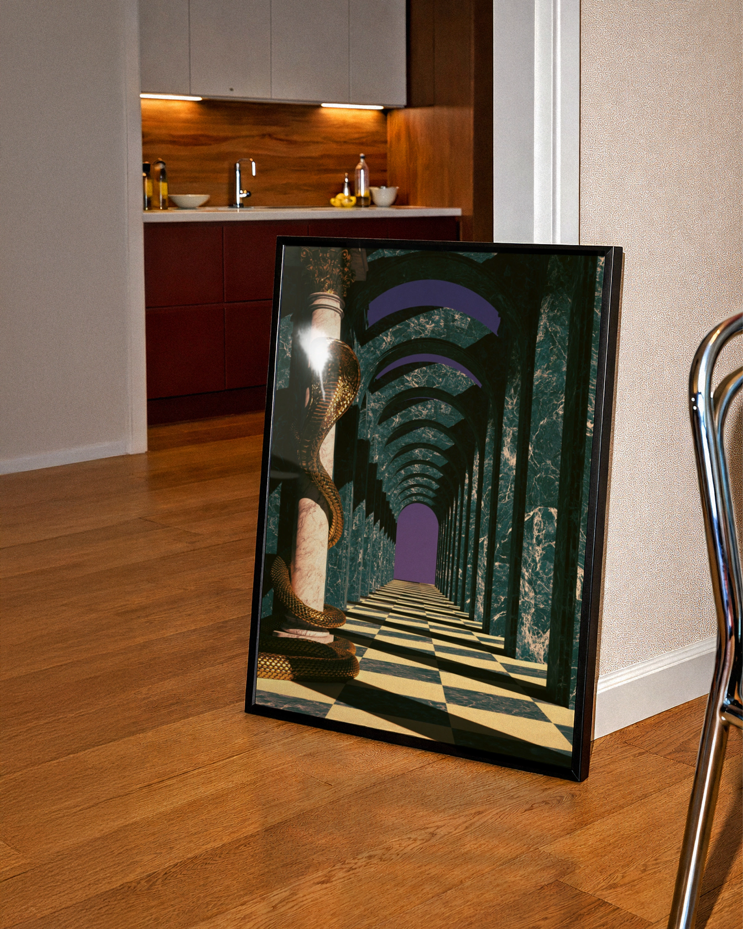 Golden Cobra Marble Hallway Poster, Surreal Architecture Art Print, Green Purple