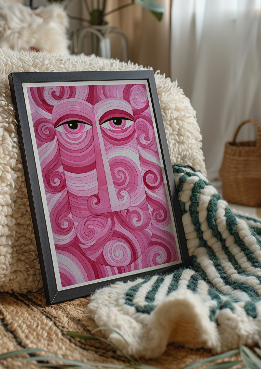 Pink Abstract Face Poster, Swirl Portrait Wall Art, Psychedelic Print