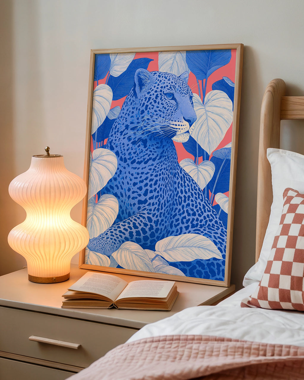 Blue Leopard Tropical Leaves Poster, Bold Pink Wildlife Wall Art Print