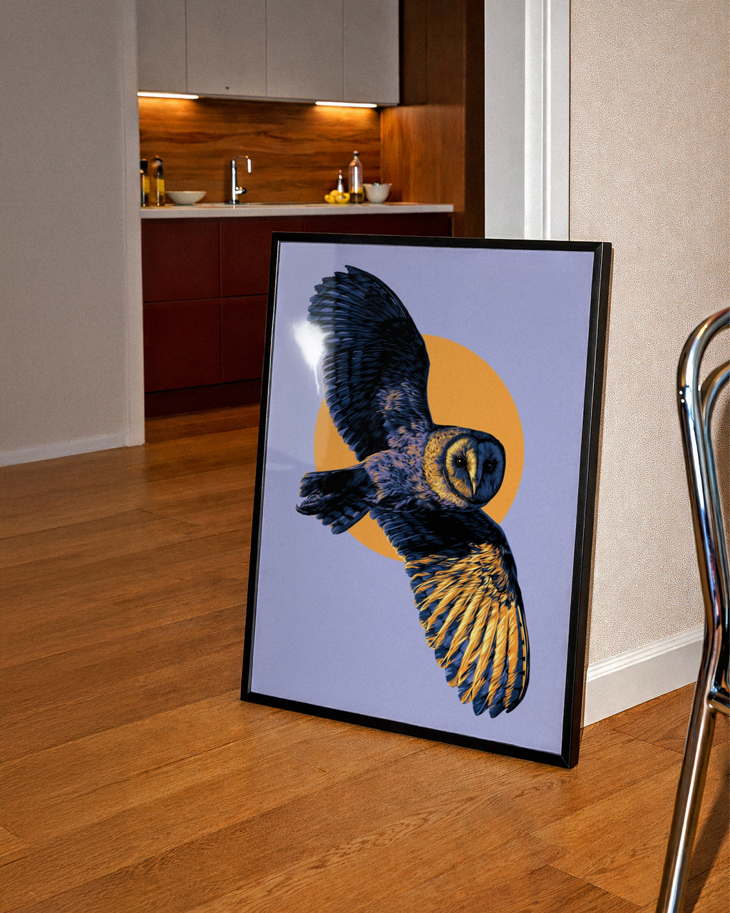 Barn Owl in Flight Poster, Yellow Purple Wildlife Wall Art Print