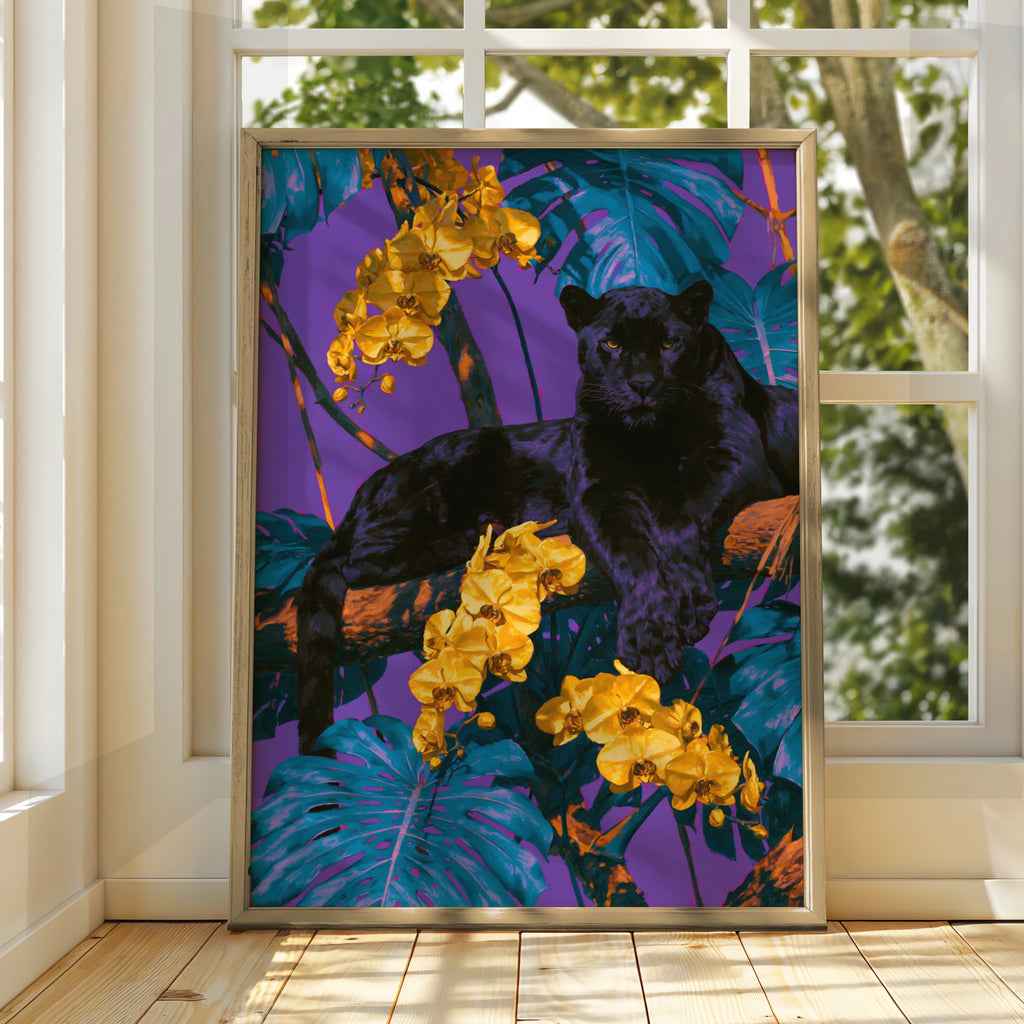 Black Panther Yellow Orchids Poster, Tropical Jungle Wall Art, Bold Colourful Print